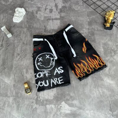 Чоловічі Джинсові Шорти Сірі Темні - Варені Рвані з Вишивкою "Flame" на Шнурках