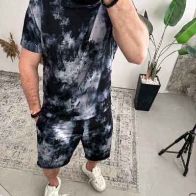 Чоловічий Літній Комплект Чорний - Білий Принтований "Tie Die" Оверсайз (Футболка + Шорти)