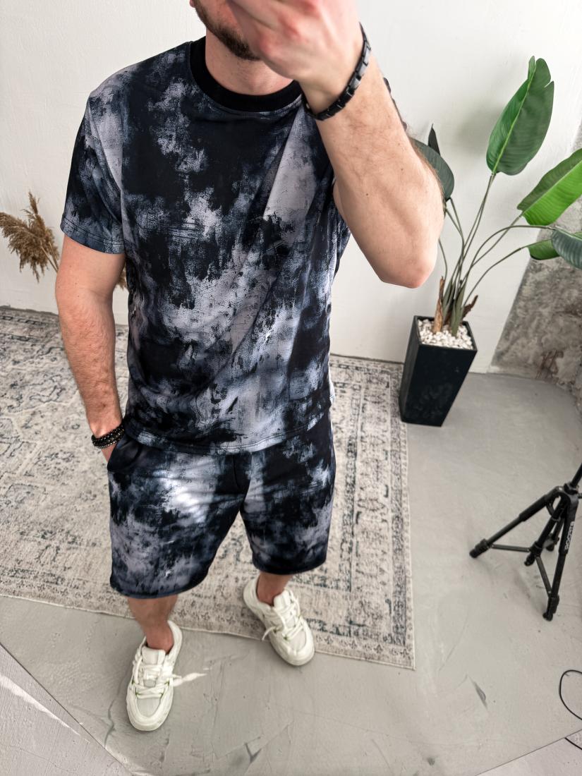 Чоловічий Літній Комплект Чорний - Білий Принтований "Tie Die" Оверсайз (Футболка + Шорти)