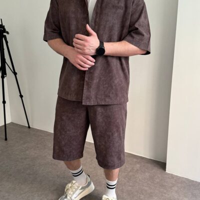 Чоловічий Літній Коричневий Варений Костюм Оверсайз (Сорочка + Шорти)