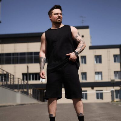 Чоловічий Чорний Літній Костюм Вільного Крою Стьобаний (Майка + Шорти)