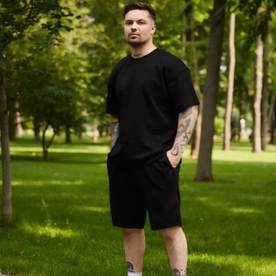 Чоловічий Базовий Літній Чорний Костюм Футболка Шорти