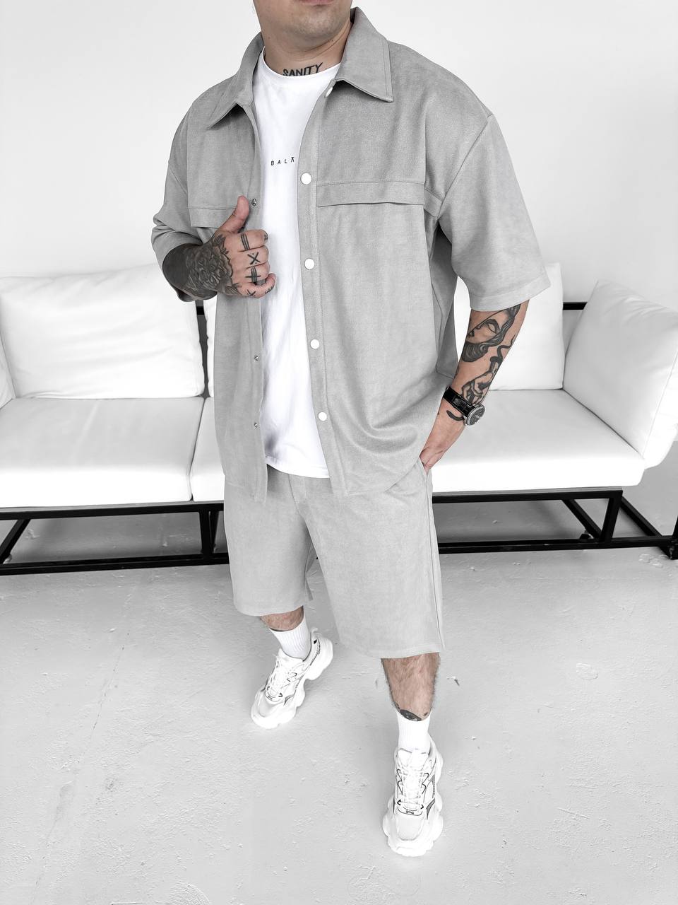 Чоловічий Літній Замшевий Сірий Костюм Сорочка Шорти - Вільного Крою на Кнопках