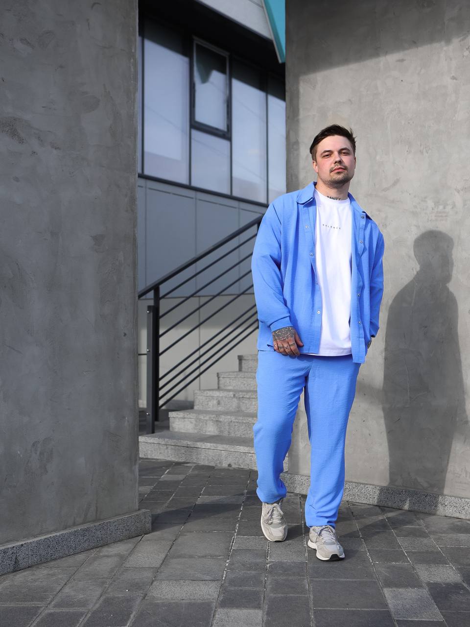 Чоловічий Легкий Літній Блакитний Костюм Вільного Крою (Сорочка + Штани)