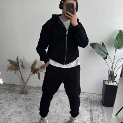 Чоловічий Чорний Спортивний Костюм Вільного Крою на Блискавці (Худі + Джогери)