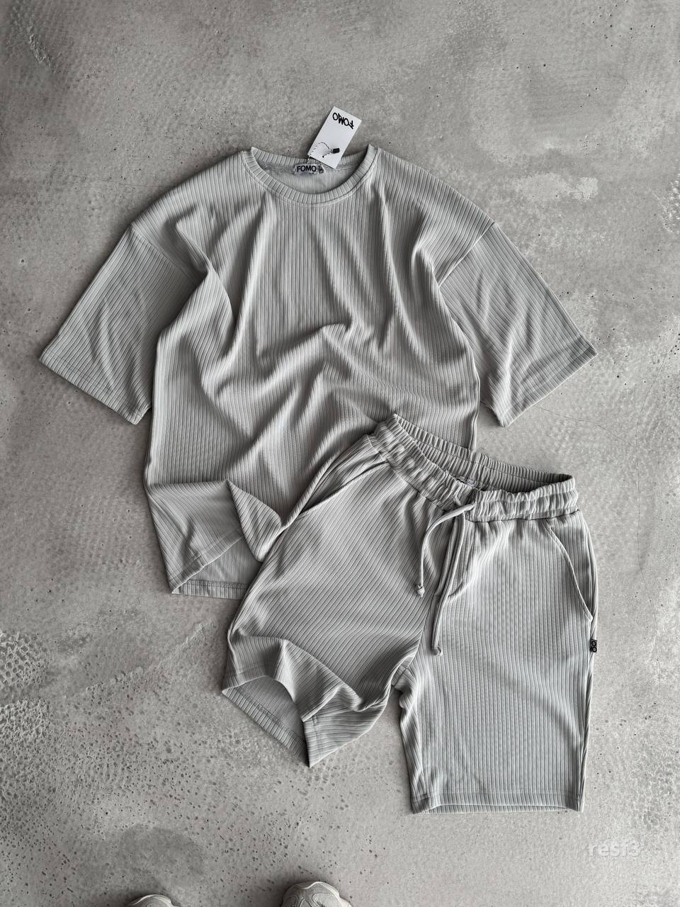 Чоловічий Літній Комплект Сірий - Оверсайз Рубчик (Футболка + Шорти)