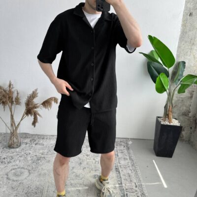 Чоловічий Літній Чорний Комплект Сорочка Шорти Вільного Крою в Рубчик