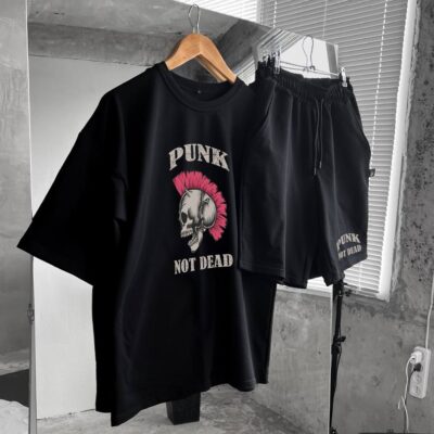 Чоловічий Базовий Літній Чорний Комплект Футболка Шорти з Принтом "Punk Not Dead"