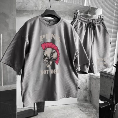 Чоловічий Базовий Літній Сірий Комплект Футболка Шорти з Принтом "Punk Not Dead"