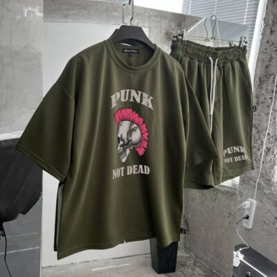 Чоловічий Базовий Літній Хакі Комплект Футболка Шорти з Принтом "Punk Not Dead"