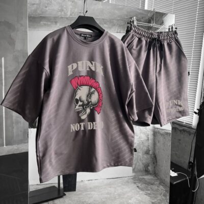 Чоловічий Базовий Літній Темно-Сірий Комплект Футболка Шорти з Принтом "Punk Not Dead"