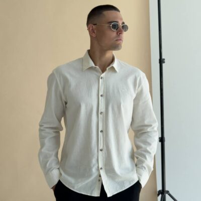 Чоловіча Кремова Лляна Сорочка - Класична з Відкладним Коміром
