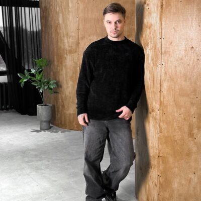 Чоловічий В'язаний Велюровий Чорний Светр Вільного Крою
