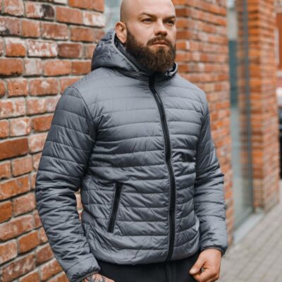 Чоловіча Демісезонна Стьобана Сіра Куртка на Блискавці з Капюшоном та Кишенями