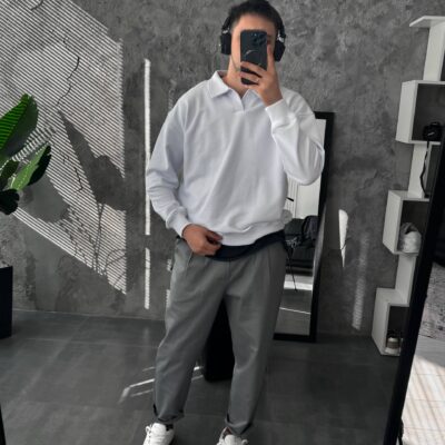 Чоловіча Біла Кофта з Коміром Поло - Базовий Світшот Вільного Крою