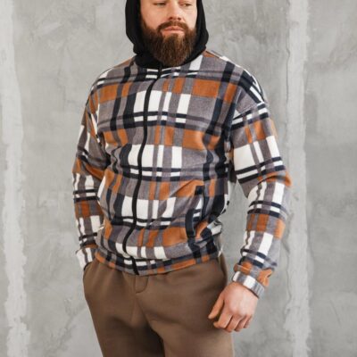 Чоловічий Теплий Флісовий Сірий Бомбер в Клітинку на Блискавці з Капюшоном