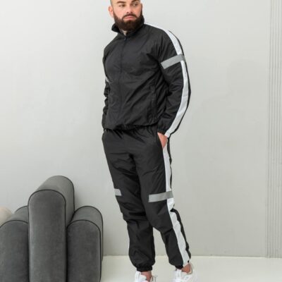 Чоловічий Чорний Спортивний Костюм Плащівка з Лампасами та Рефлективними Смужками (Олімпійка + Штани)
