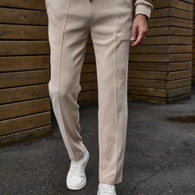 Чоловічі Бежеві Штани Брюки Прямого Вільного Крою в Рубчик зі Стрілками
