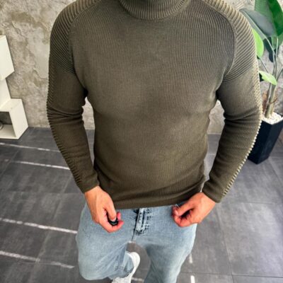 Чоловічий Теплий Светр Хакі з Високим Подвійним Горлом та Ребрами на Рукавах