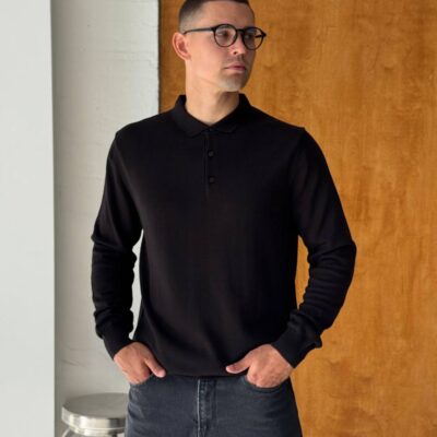 Чоловічий Базовий Чорний Светр Поло - Класична Кофта з Коміром