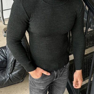 Чоловічий Базовий Графітовий Светр Гольф в Рубчик з Подвійною Горловиною