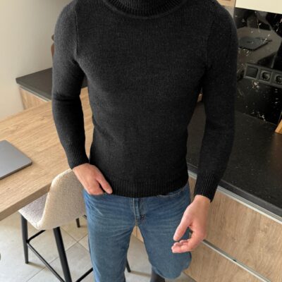 Чоловічий Базовий Вовняний Чорний Светр в Рубчик - Теплий Гольф з Подвійною Горловиною