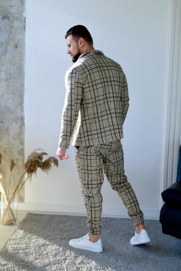 Чоловічий Класичний Пісочний Костюм в Клітинку - Комплект Жакет Брюки