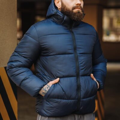 Чоловіча Зимова Стьобана Дута Темно-Синя Куртка - Короткий Пуховик з Капюшоном