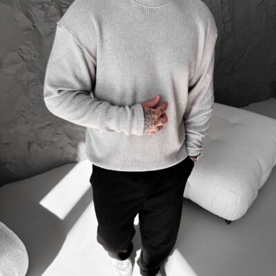 Чоловічий Базовий В'язаний Сірий Светр Вільного Крою з Круглим Вирізом