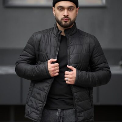 Чоловіча Демісезонна Стьобана Чорна Куртка під Горло на Блискавці