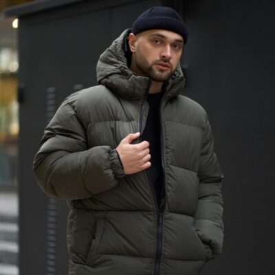 Чоловіча Зимова Стьобана Дута Куртка Пуховик Хакі з Висогою Горловиною та Капюшоном