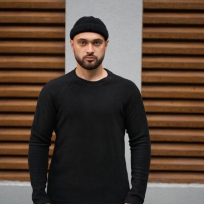 Чоловічий Базовий Чорний Світшот -Теплий Флісовий