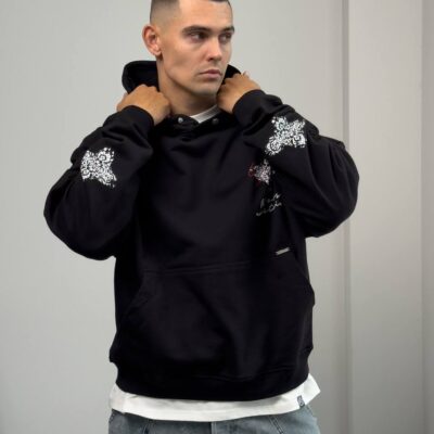 Чоловіче Бавовняне Чорне Худі Оверсайз з Принтами та Нашивками