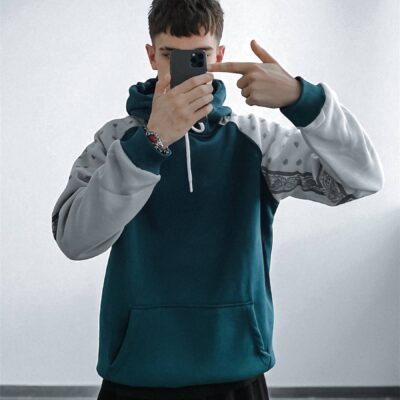 Чоловіче Синє Худі Оверсайз з Білими Рукавами у Візерунок - Утеплене на Флісі