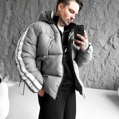 Чоловіча Зимова Стьобана Дута Сіра Куртка Пуховик з Лампасами