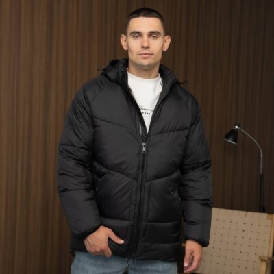 Чоловіча Зимова Стьобана Чорна Куртка з Капюшоном та Затяжками