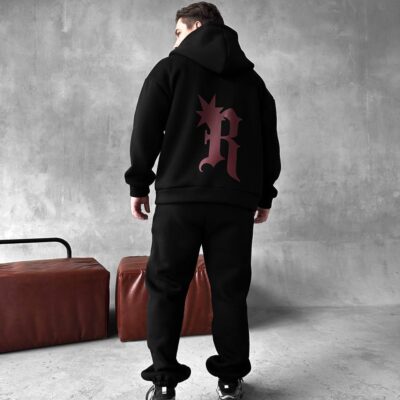 Чоловічий Теплий Чорний Спортивний Костюм "R" з Начосом (Зіпка + Штани)