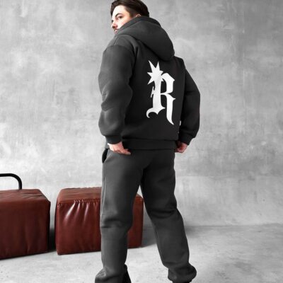 Чоловічий Теплий Графітовий Спортивний Костюм "R" з Начосом (Зіпка + Штани)