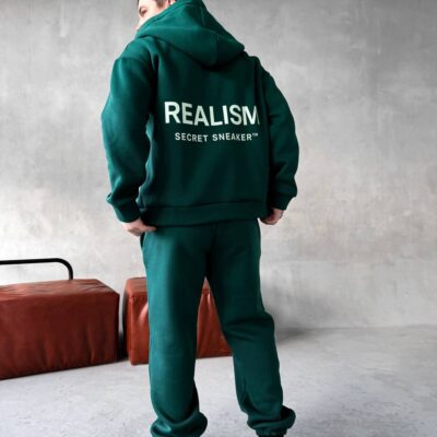 Чоловічий Зелений Спортивний Костюм "Realism" Теплий з Начосом (Зіпка + Штани)