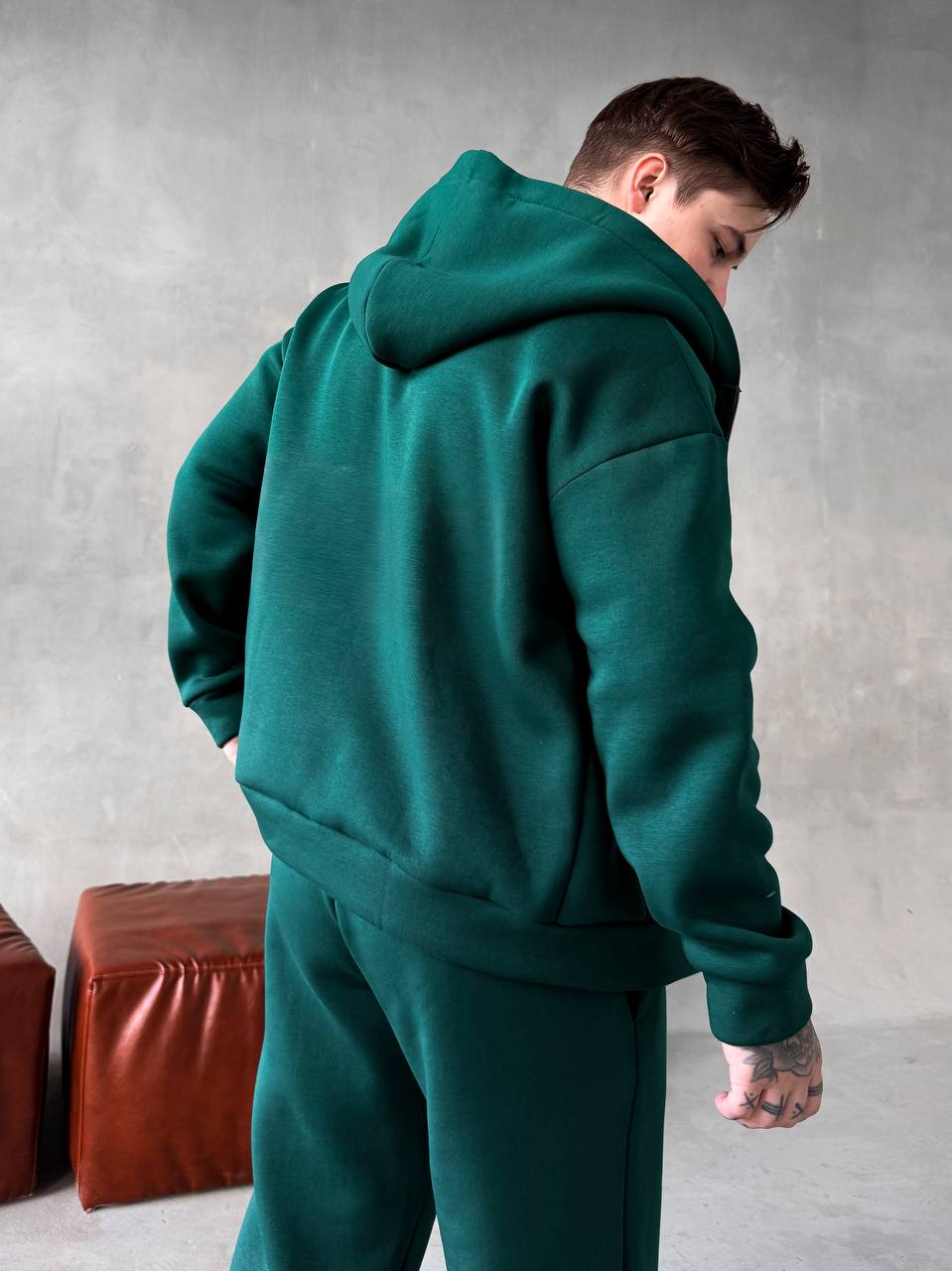 Чоловічий Базовий Зелений Спортивний Костюм на Блискавці - Теплий з Начосом