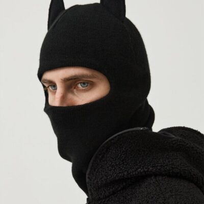 Чоловіча В'язана Чорна Балаклава Wolf з Вушками