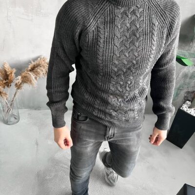 Чоловічий Теплий Темно-Сірий Светр Косичка з Високою Подвійною Горловиною