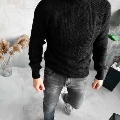 Чоловічий Теплий Чорний Светр Косичка з Високою Подвійною Горловиною