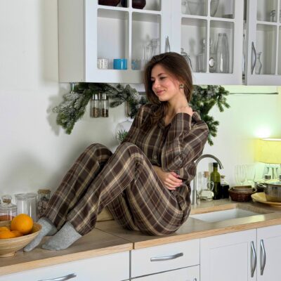 Жіноча Картата Коричнева Піжама Двійка - Сорочка + Штани