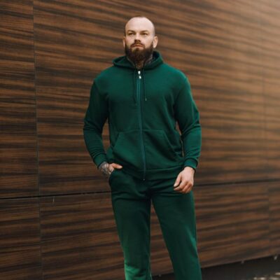 Чоловічий Базовий Теплий Зелений Спортивний Костюм на Флісі (Зіп Худі + Штани)