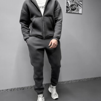 Чоловічий Базовий Темно-Сірий Костюм на Блискавці - Теплий на Флісі (Кофта + Штани)
