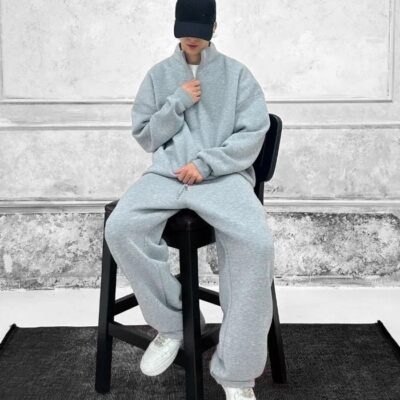 Чоловічий Теплий Об'ємний Сірий Спортивний Костюм Оверсайз на Флісі - Кофта під Горло + Широкі Штани