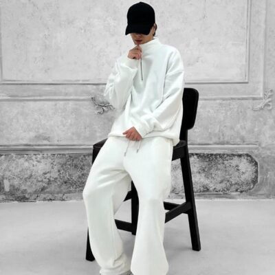 Чоловічий Теплий Об'ємний Білий Спортивний Костюм Оверсайз на Флісі - Кофта під Горло + Широкі Штани