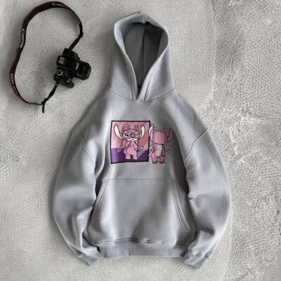Жіноче Сіре Худі Оверсайз - Тепле на Флісі з Маленькою Вишивкою Ангел Стіч