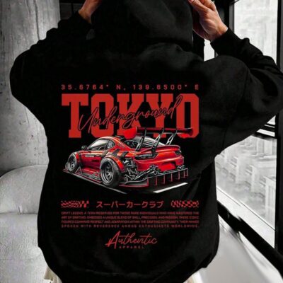 Чоловіче Чорне Оверсайз Худі з Яскравим Принтом Машина "Tokyo"